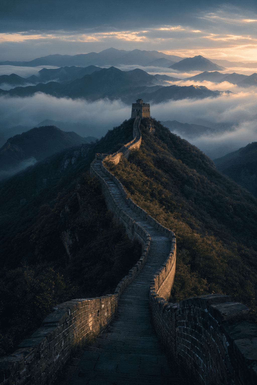 The Great Wall winding through morning mist